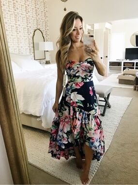 Eliza J Strapless Floral High-Low Dress in Navy, Pink and Green